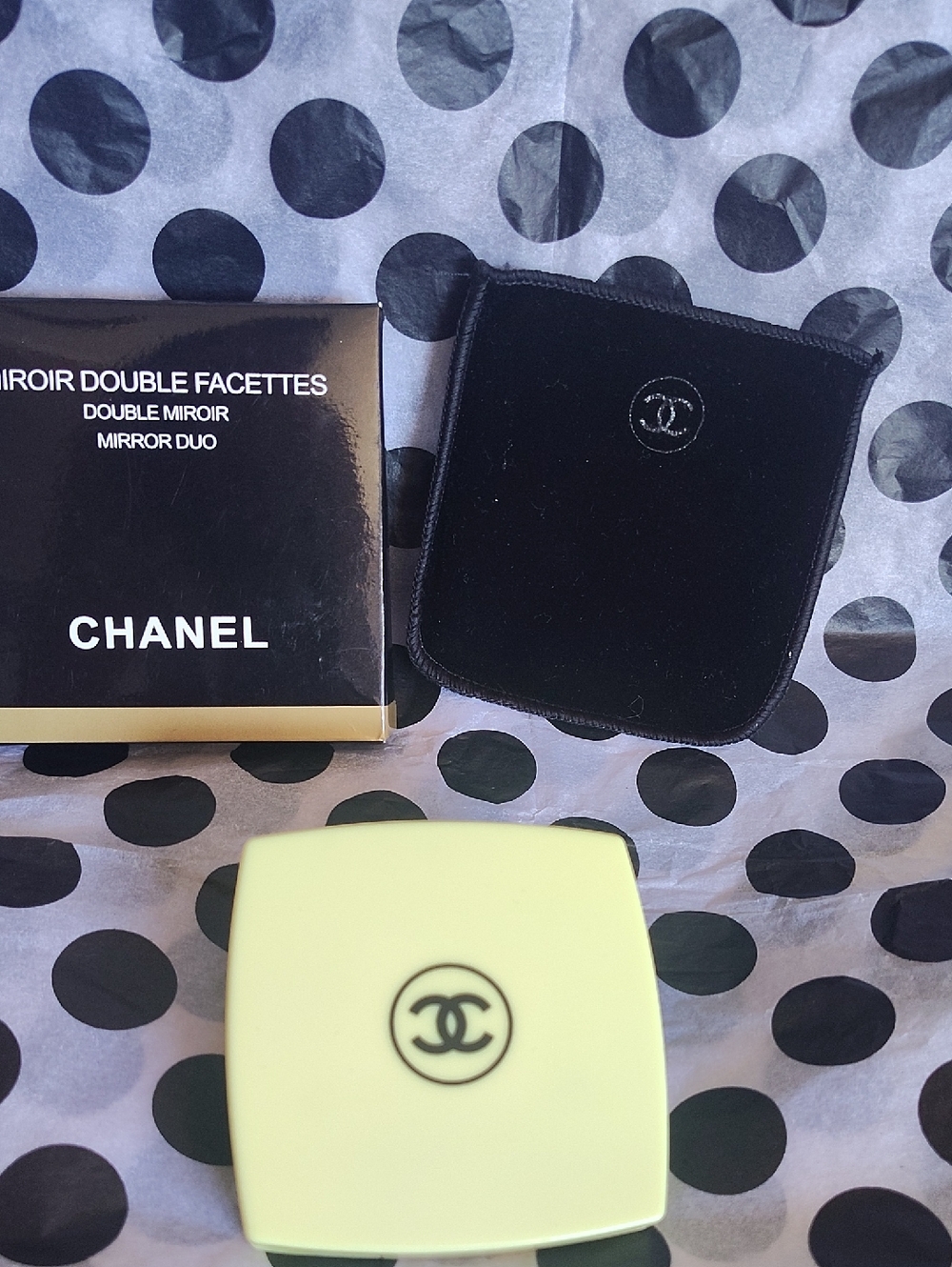 CHANEL Pale Yellow Double Faceted Compact Mirror with Black Velvet Pouch